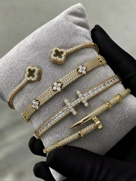 Jewelry - Gold Plated Pave Crystal Floral & Bar Bracelet 4 Piece Set - Women Jewelry